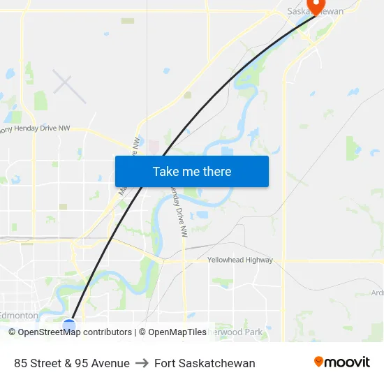 85 Street & 95 Avenue to Fort Saskatchewan map