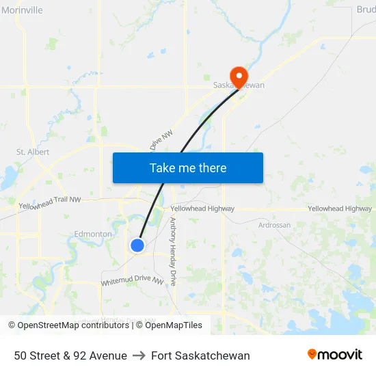 50 Street & 92 Avenue to Fort Saskatchewan map