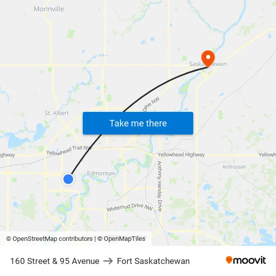 160 Street & 95 Avenue to Fort Saskatchewan map