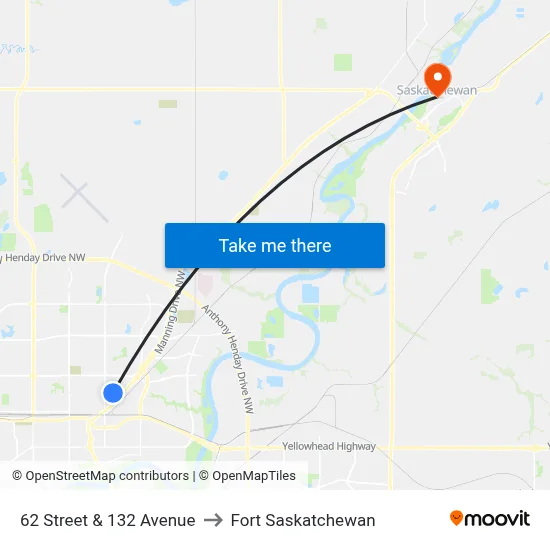 62 Street & 132 Avenue to Fort Saskatchewan map