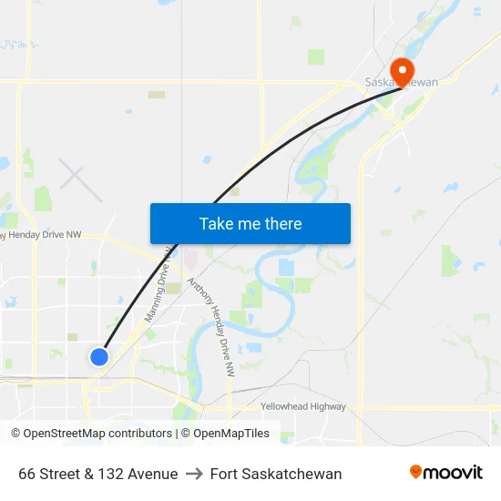 66 Street & 132 Avenue to Fort Saskatchewan map