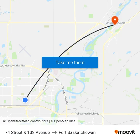 74 Street & 132 Avenue to Fort Saskatchewan map