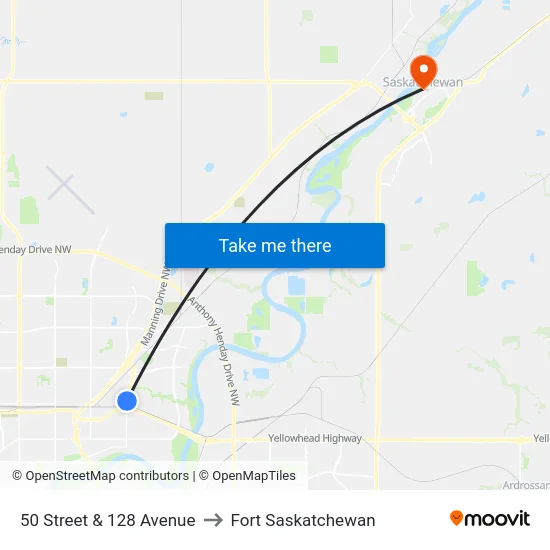 50 Street & 128 Avenue to Fort Saskatchewan map