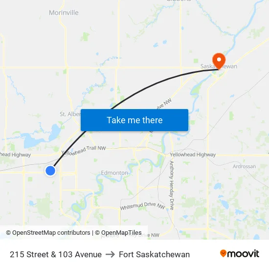 215 Street & 103 Avenue to Fort Saskatchewan map