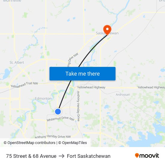 75 Street & 68 Avenue to Fort Saskatchewan map