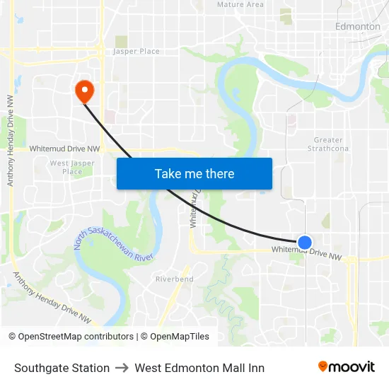 Southgate Station to West Edmonton Mall Inn map