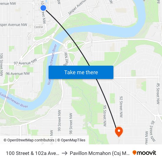 100 Street & 102a Avenue to Pavillon Mcmahon (Csj Mcm) map