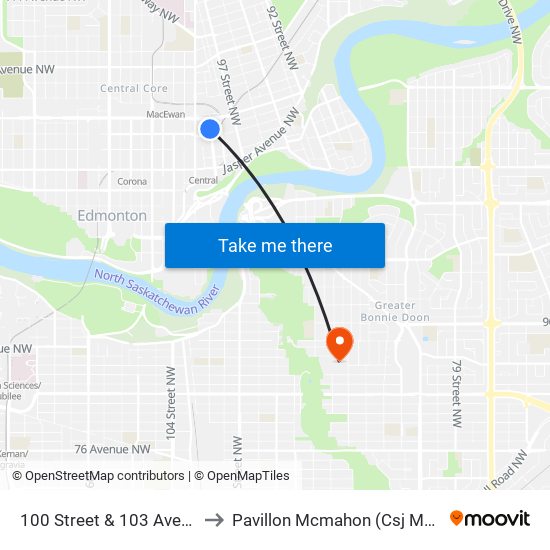 100 Street & 103 Avenue to Pavillon Mcmahon (Csj Mcm) map