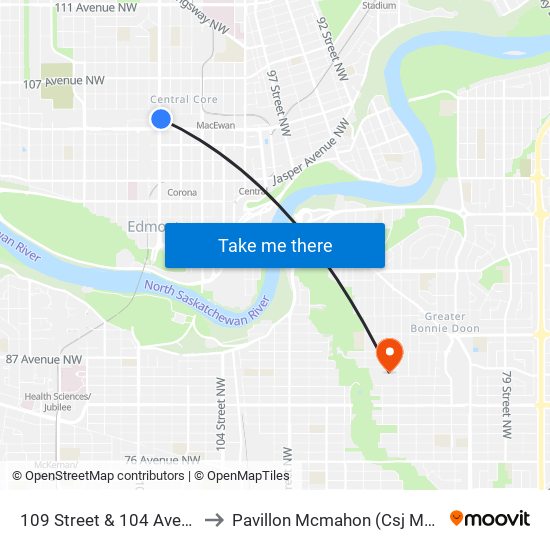 109 Street & 104 Avenue to Pavillon Mcmahon (Csj Mcm) map