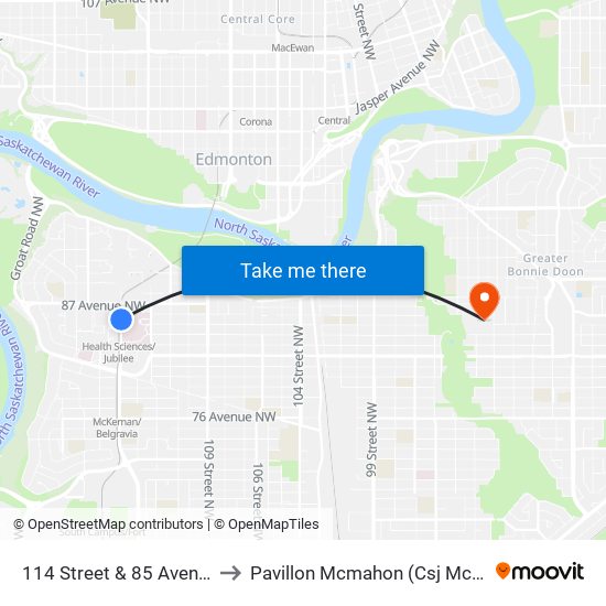 114 Street & 85 Avenue to Pavillon Mcmahon (Csj Mcm) map