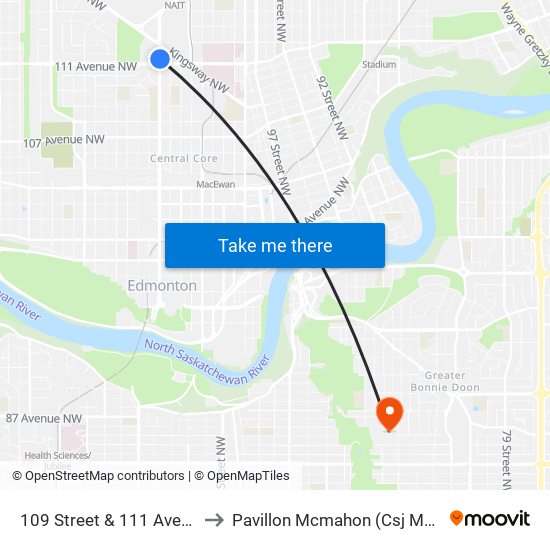 109 Street & 111 Avenue to Pavillon Mcmahon (Csj Mcm) map