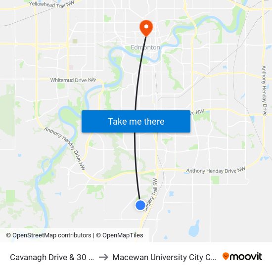 Cavanagh Drive & 30 Avenue SW to Macewan University City Centre Campus map