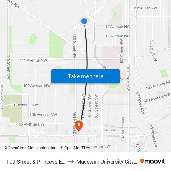 109 Street & Princess Elizabeth Avenue to Macewan University City Centre Campus map