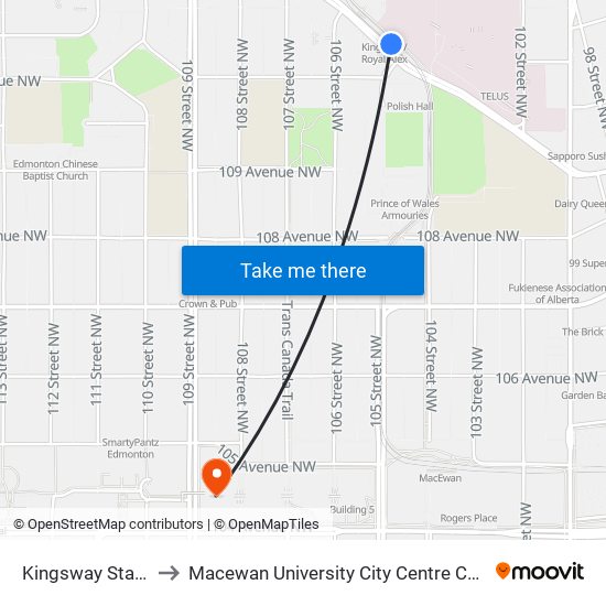 Kingsway Station to Macewan University City Centre Campus map
