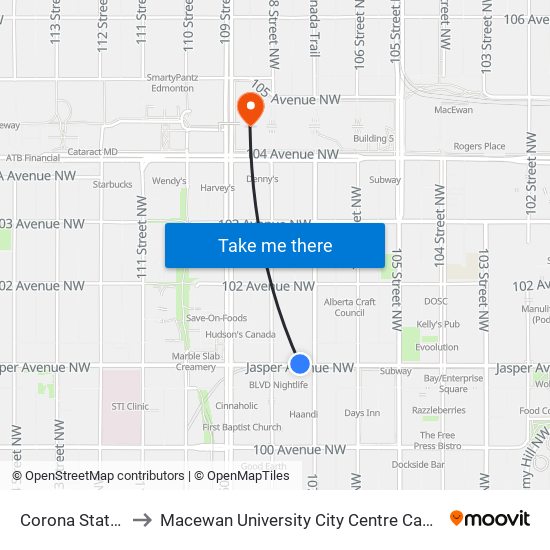 Corona Station to Macewan University City Centre Campus map