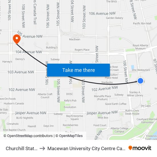 Churchill Station to Macewan University City Centre Campus map