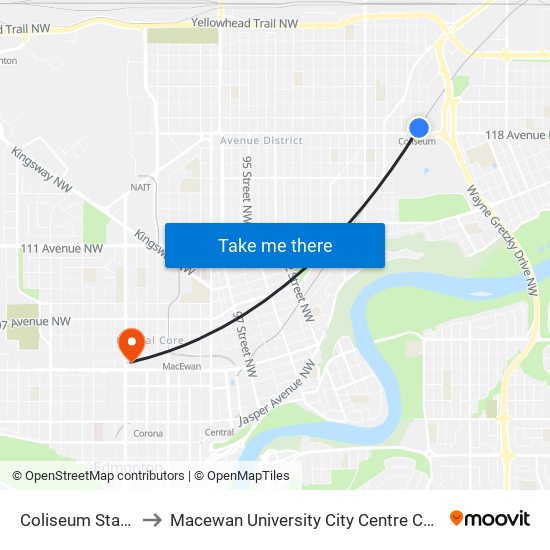 Coliseum Station to Macewan University City Centre Campus map