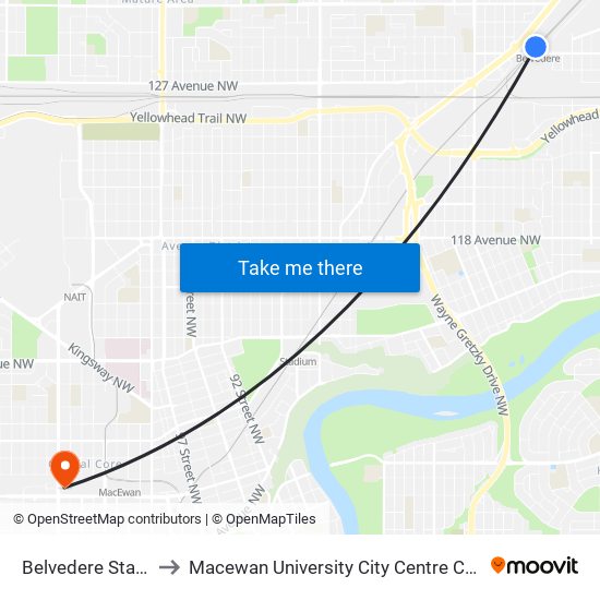 Belvedere Station to Macewan University City Centre Campus map