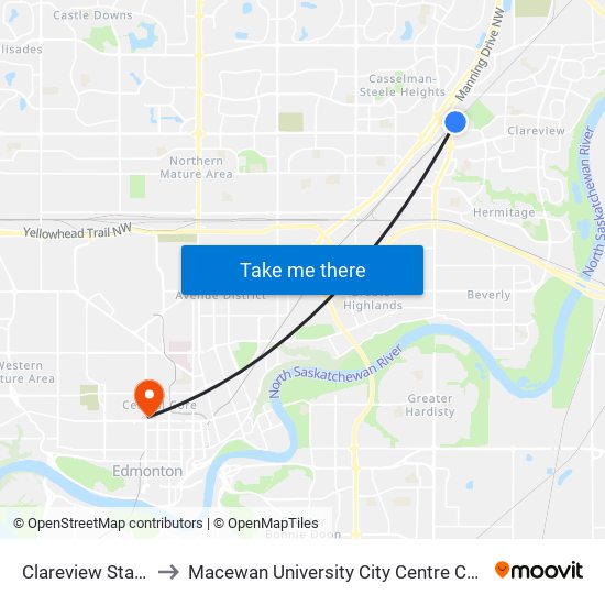 Clareview Station to Macewan University City Centre Campus map