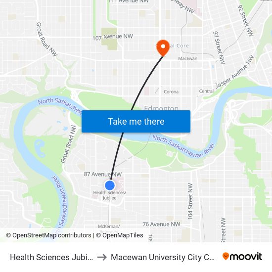 Health Sciences Jubilee Station to Macewan University City Centre Campus map