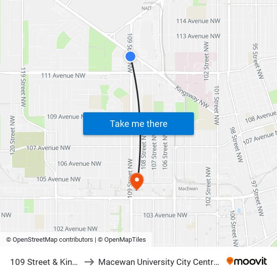 109 Street & Kingsway to Macewan University City Centre Campus map