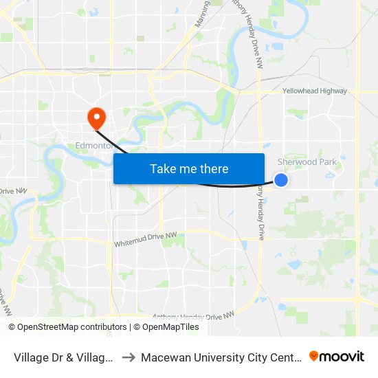 Village Dr & Village Mews to Macewan University City Centre Campus map