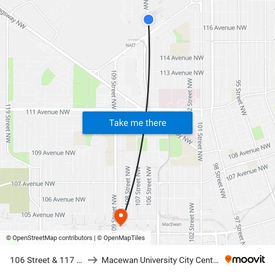 106 Street & 117 Avenue to Macewan University City Centre Campus map