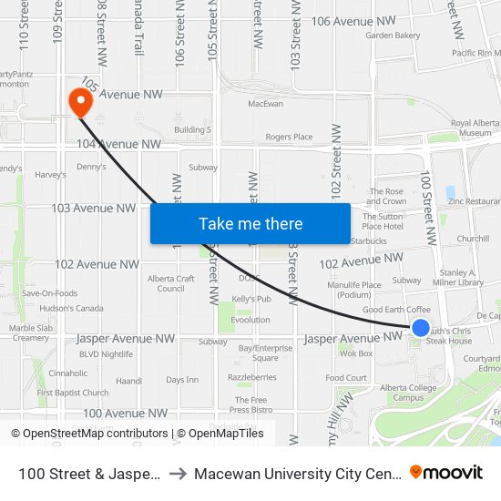 100 Street & Jasper Avenue to Macewan University City Centre Campus map