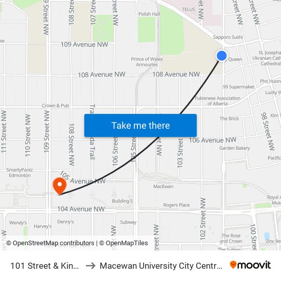 101 Street & Kingsway to Macewan University City Centre Campus map