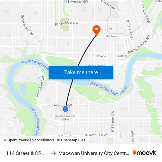 114 Street & 85 Avenue to Macewan University City Centre Campus map