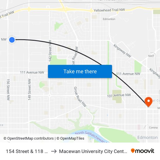 154 Street & 118 Avenue to Macewan University City Centre Campus map