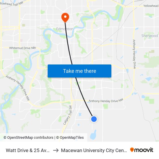 Watt Drive & 25 Avenue SW to Macewan University City Centre Campus map