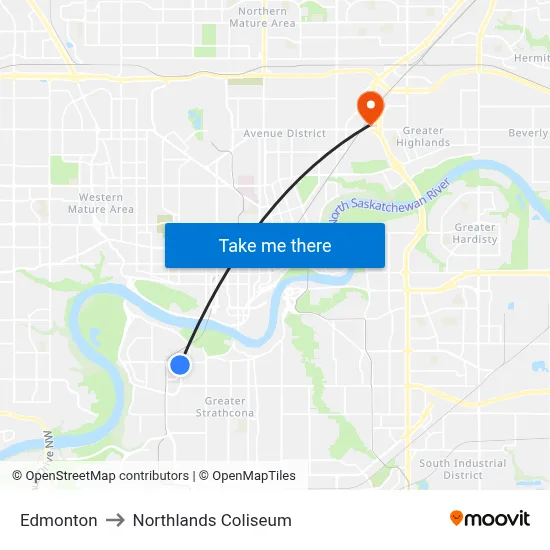 Edmonton to Northlands Coliseum map