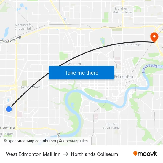 West Edmonton Mall Inn to Northlands Coliseum map