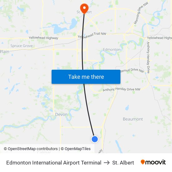 Edmonton International Airport Terminal to St. Albert map