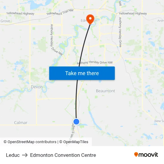 Leduc to Edmonton Convention Centre map