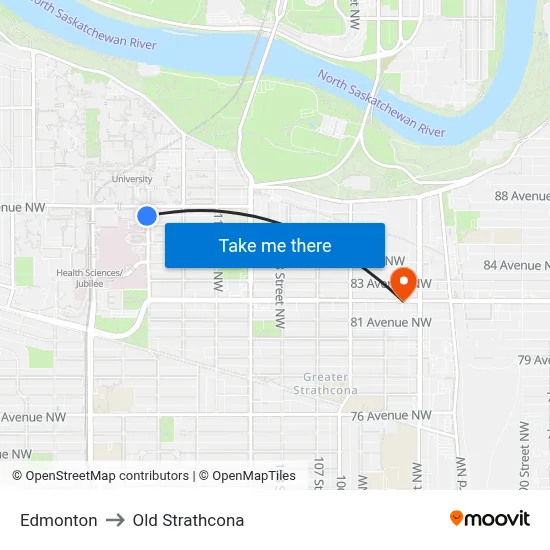 Edmonton to Old Strathcona map