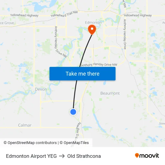 Edmonton Airport YEG to Old Strathcona map