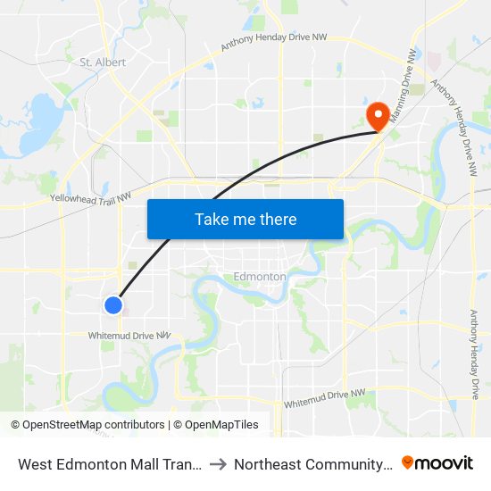 West Edmonton Mall Transit Centre Bay C to Northeast Community Health Centre map