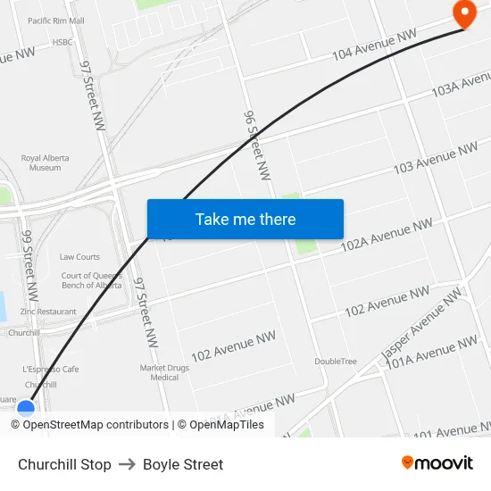 Churchill Stop to Boyle Street map