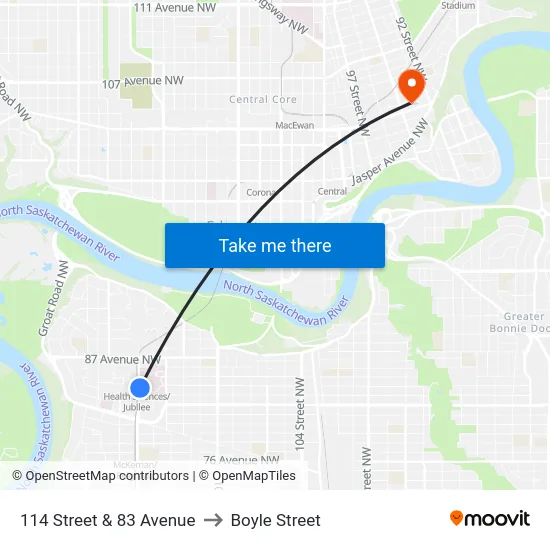 114 Street & 83 Avenue to Boyle Street map