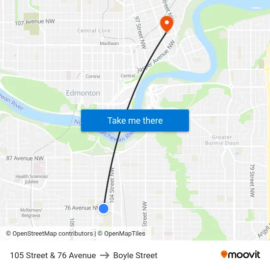 105 Street & 76 Avenue to Boyle Street map