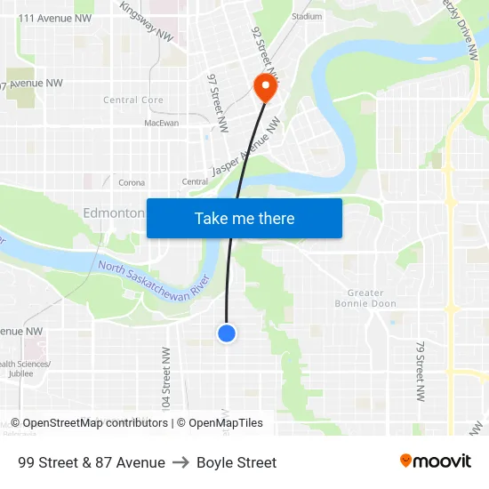 99 Street & 87 Avenue to Boyle Street map