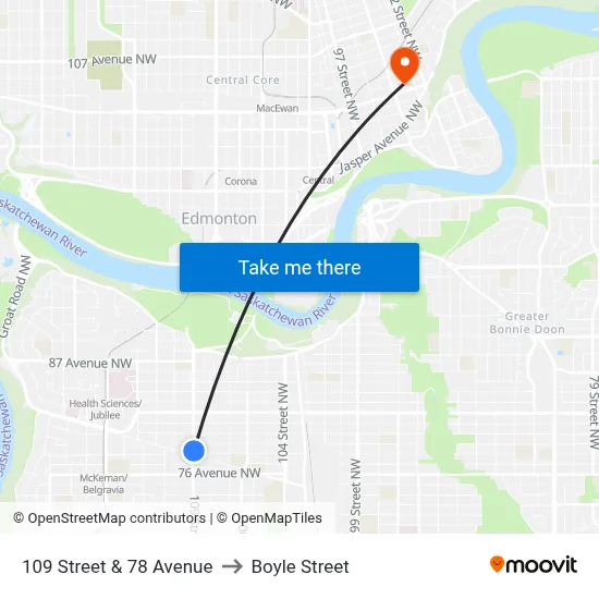 109 Street & 78 Avenue to Boyle Street map