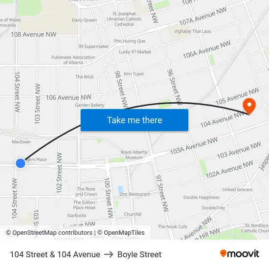 104 Street & 104 Avenue to Boyle Street map