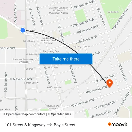 101 Street & Kingsway to Boyle Street map