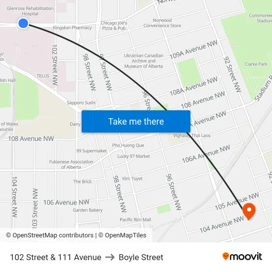 102 Street & 111 Avenue to Boyle Street map