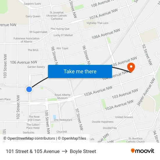 101 Street & 105 Avenue to Boyle Street map