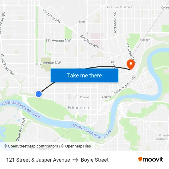 121 Street & Jasper Avenue to Boyle Street map