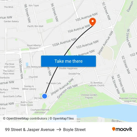 99 Street & Jasper Avenue to Boyle Street map